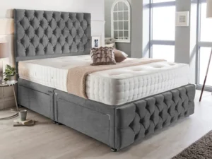 Grey Suede Elizabeth Divan Bed Set With Footboard and Mattress Options